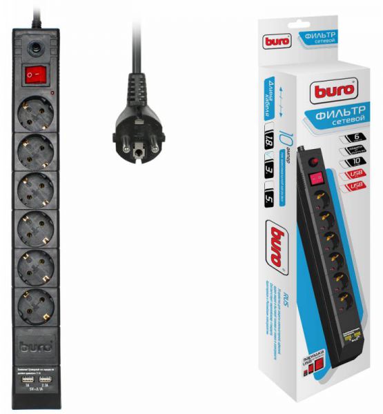 Сетевой фильтр Buro BU-SP3_USB_2A-B черный